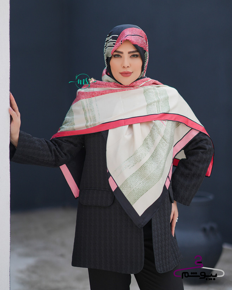 روسری ابریشم ژاکارد اکر طرح خطی رنگ مشکی قرمز